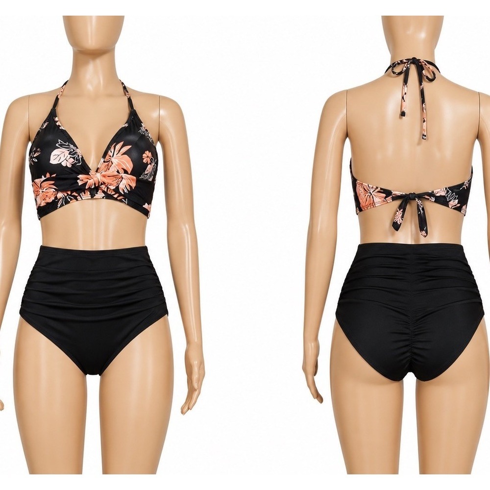Yonique Bikini Set Swimsuit Womens Small Black Floral High Waisted Halter Neck